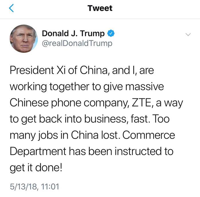 柳暗花明又一村 特朗普发声将“解禁”中兴